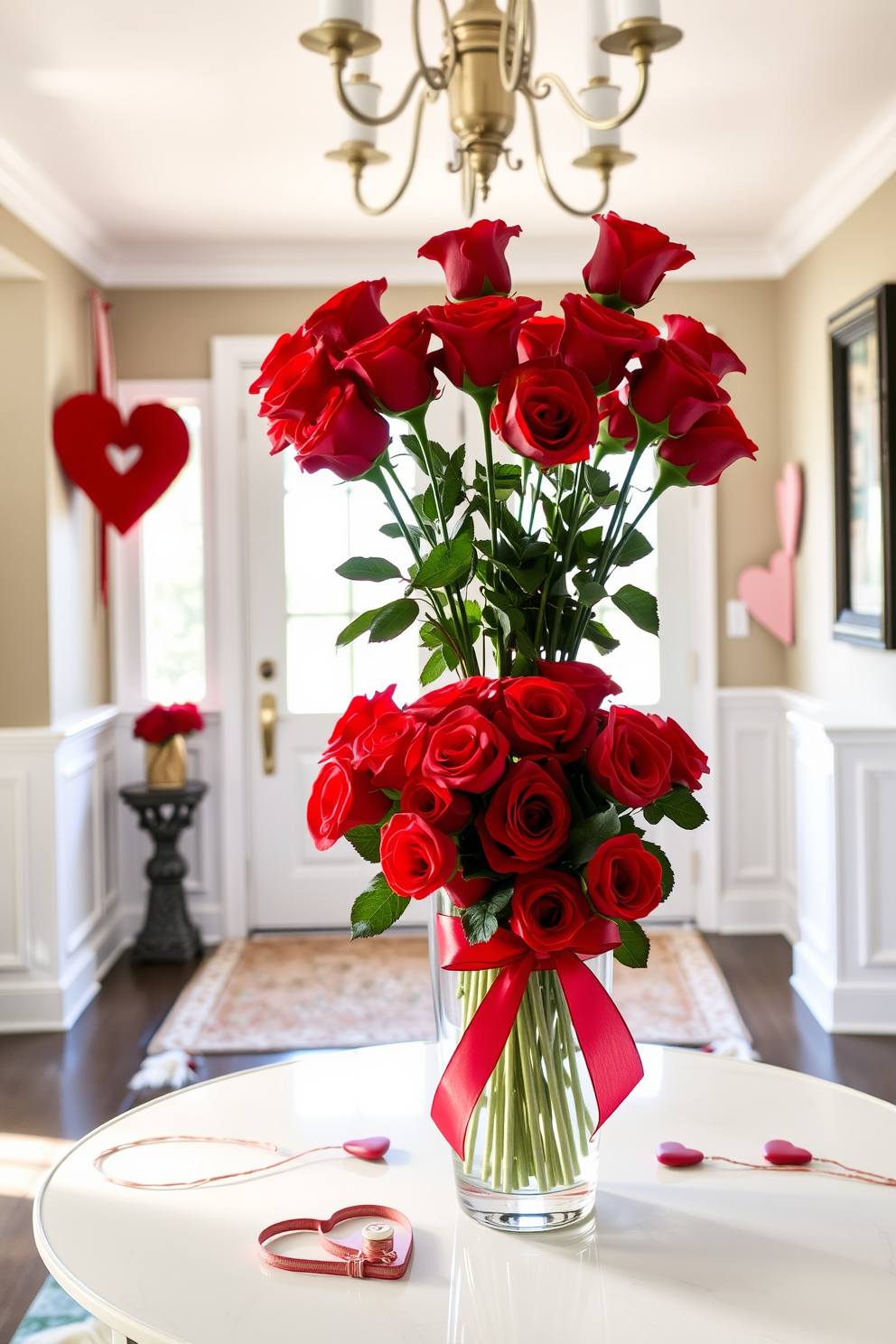 A charming entryway adorned for Valentine's Day features a beautifully arranged vase filled with vibrant red roses resting on a stylish table. Soft lighting enhances the romantic atmosphere, while delicate heart-shaped decor complements the floral display.