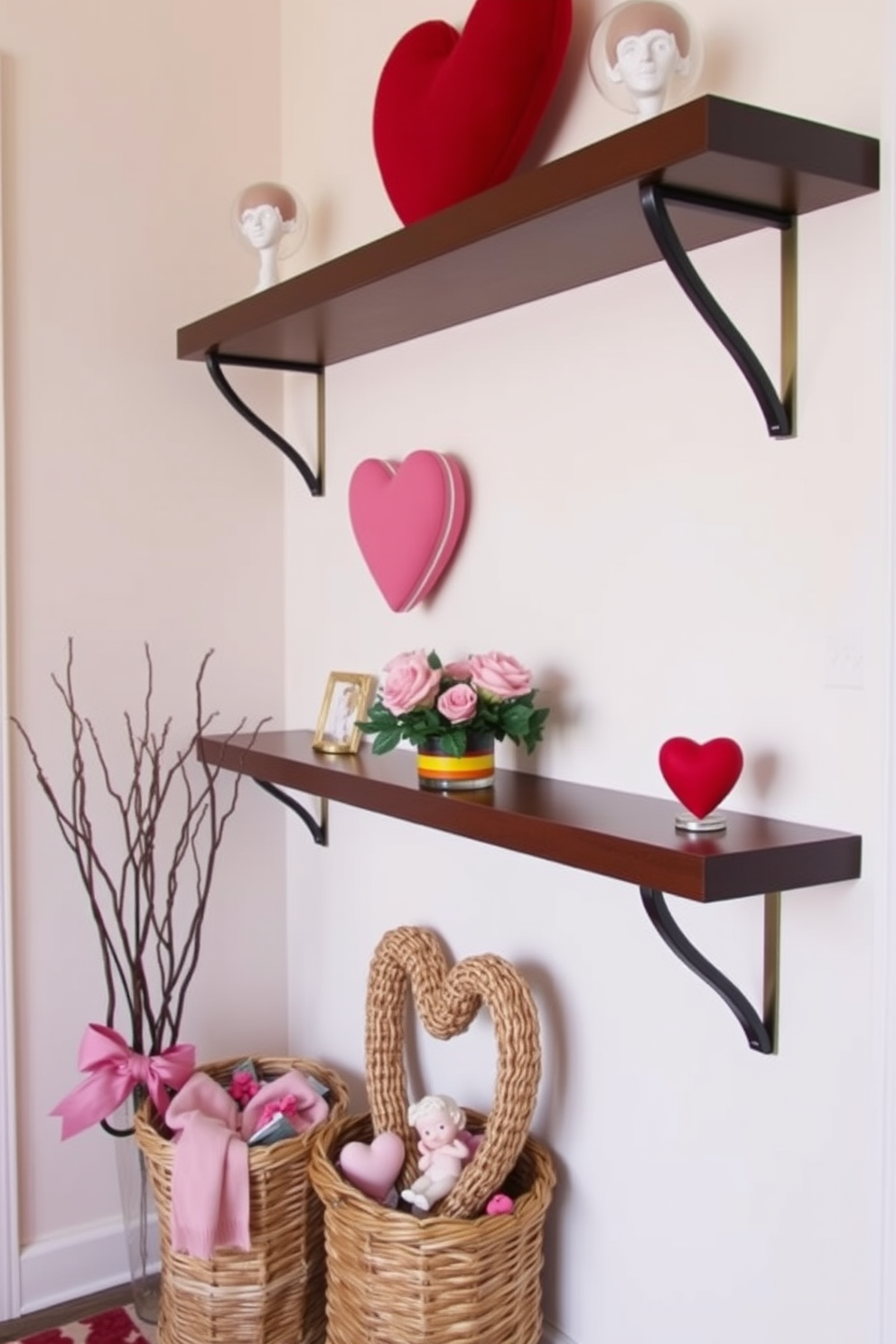 A charming entryway decorated for Valentine's Day features cute Cupid figurines displayed on elegant wooden shelves. The walls are adorned with soft pastel colors, and heart-themed accents bring a playful yet sophisticated touch to the space.