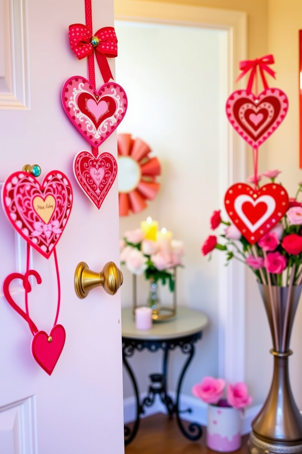 Heart themed doorknob hangers adorn the entrance with vibrant colors and playful designs. Each hanger features intricate heart shapes and romantic motifs, creating a warm and inviting atmosphere for Valentine's Day. The entryway is beautifully decorated with soft pastel hues and charming accents. A small table holds heart shaped candles and a bouquet of fresh flowers, setting the perfect tone for a festive celebration.