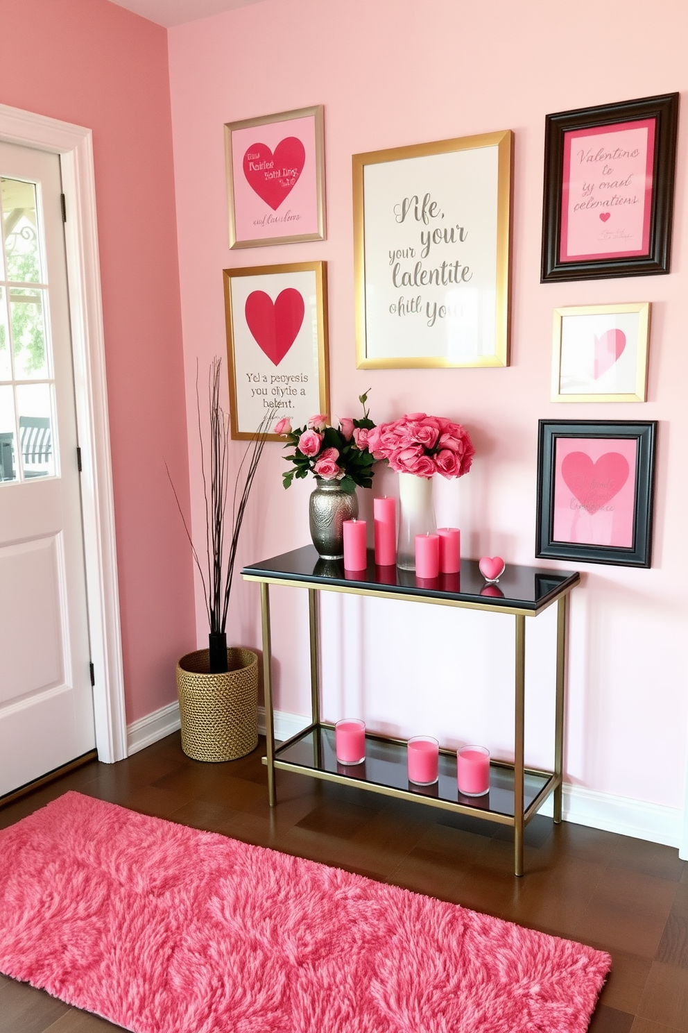 Valentines Day themed artwork adorns the walls of a cozy entryway. The space features soft pink and red accents with heart motifs and romantic quotes framed elegantly. A stylish console table sits against the wall, decorated with a vase of fresh roses and a few scattered heart-shaped candles. The floor is covered with a plush runner that complements the color scheme, inviting guests into a warm and festive atmosphere.