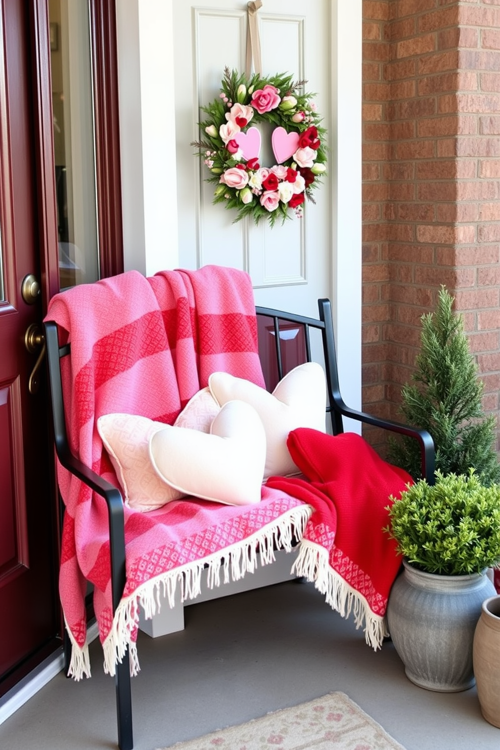 Create a warm and inviting entryway decorated for Valentine's Day. Soft seasonal throw blankets in lovely shades of pink and red are draped over a cozy bench, adding a touch of romance. Heart-shaped pillows are placed on the bench, complementing the throw blankets. A decorative wreath adorned with flowers and hearts hangs on the front door, welcoming guests with festive charm.