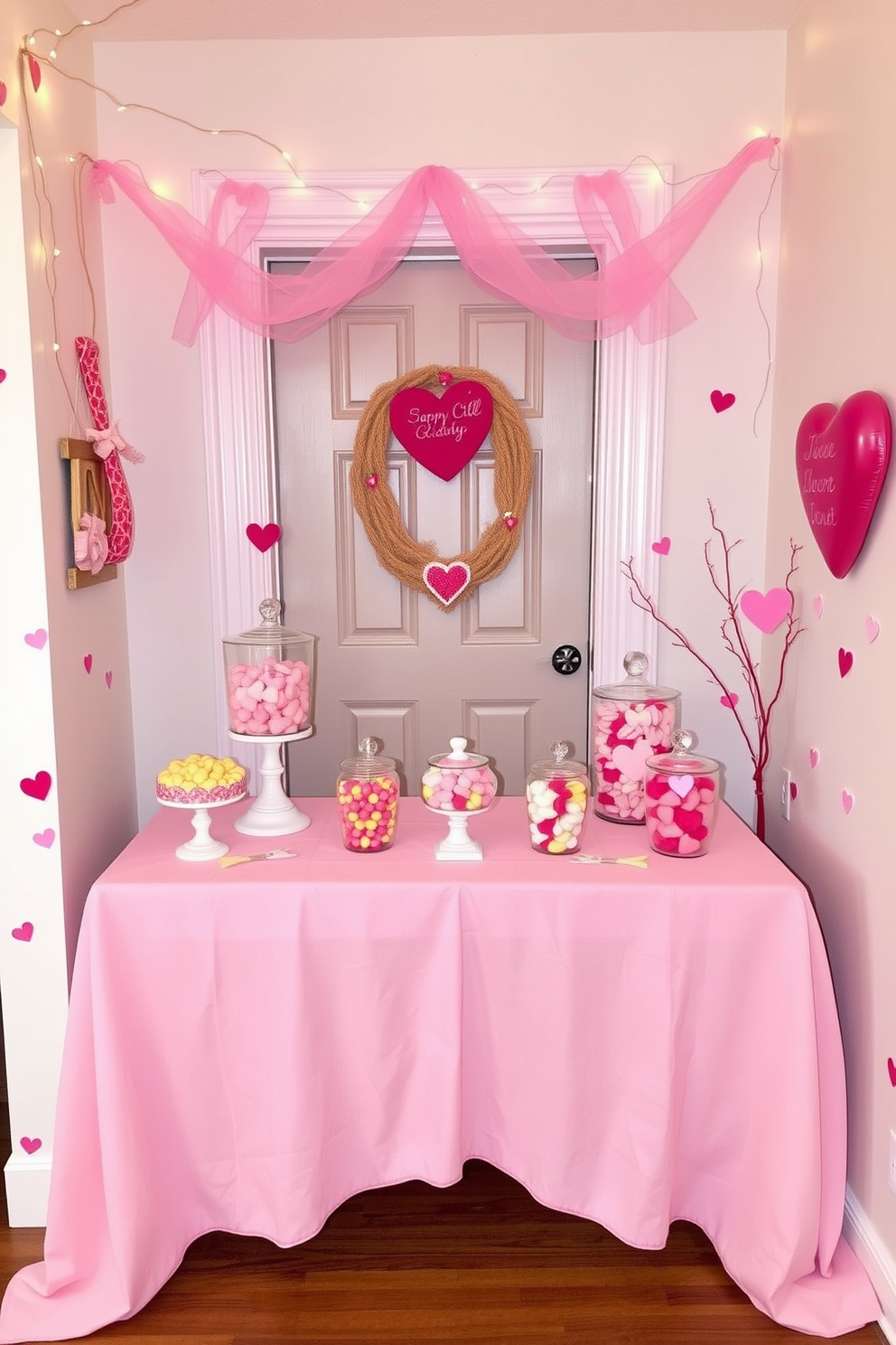 A charming sweet treat station is set up in the entryway adorned with heart-shaped candies in various colors. The table is draped with a soft pink cloth and surrounded by whimsical decorations that evoke a festive Valentine's Day spirit. Brightly colored jars filled with heart candies are artfully arranged on the table, inviting guests to indulge. Soft fairy lights twinkle overhead, creating a warm and welcoming atmosphere perfect for celebrating love.