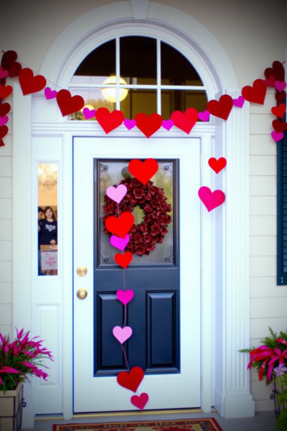 A heart-shaped garland drapes elegantly across the doorway, creating a warm and inviting atmosphere. The vibrant red and pink hues of the hearts add a festive touch to the entryway, perfect for celebrating Valentine's Day.