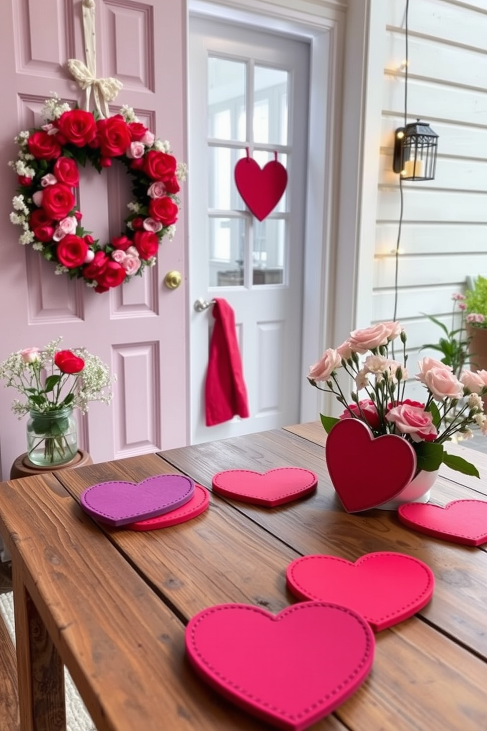 A vibrant table adorned with colorful heart-shaped coasters in various shades of red pink and purple. The coasters are arranged artfully on a rustic wooden table enhancing the festive spirit of the space. The entryway is beautifully decorated for Valentine's Day with a charming wreath made of red roses and delicate white flowers. Soft string lights illuminate the area creating a warm and inviting atmosphere for guests.