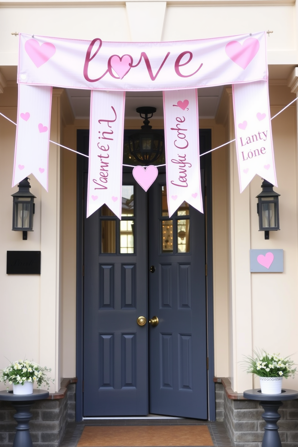 Banners with love phrases hang gracefully above the doorway, creating a warm and inviting atmosphere. The entryway is adorned with soft pastel colors and charming heart-shaped accents, perfect for a Valentine's Day celebration.