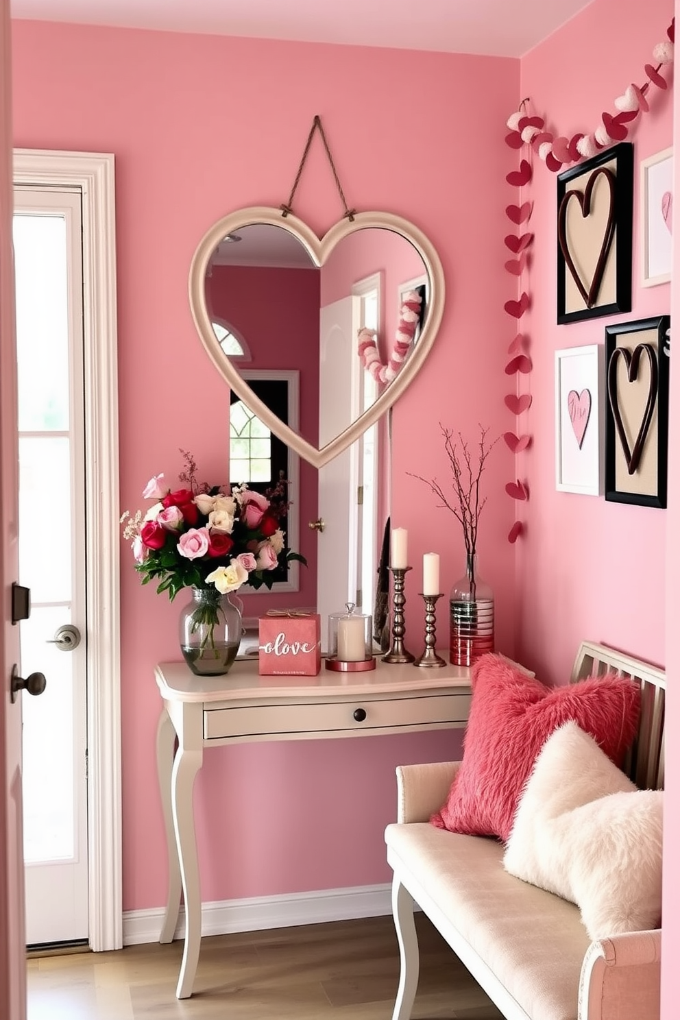 A charming entryway featuring a heart-shaped mirror as the focal point. The walls are adorned with soft pink accents, and a small console table is placed beneath the mirror, decorated with fresh flowers and candles. To the side, a cozy bench with plush cushions invites guests to sit. Heart-themed decor elements, such as garlands and wall art, enhance the Valentine's Day spirit throughout the space.