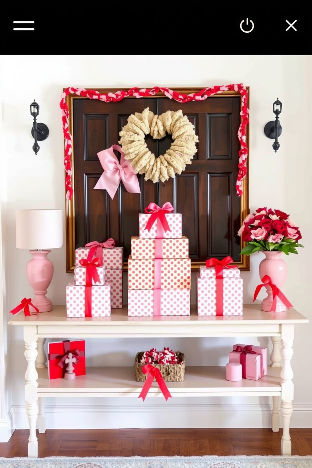 A charming entryway adorned for Valentine's Day features decorative boxes wrapped like gifts, creating a warm and inviting atmosphere. The boxes are arranged artfully on a console table, surrounded by soft pink and red accents that enhance the romantic theme.