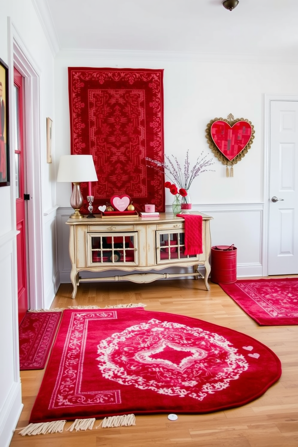 A stylish entryway adorned with layered rugs in rich red and soft pink hues. The space features a welcoming atmosphere with a vintage console table against the wall, decorated with heart-themed decor for Valentine's Day.