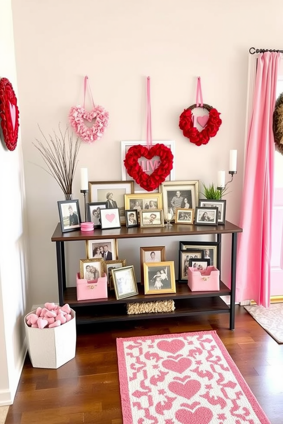 A personalized photo display of loved ones is created on a stylish console table in the entryway. The table features an assortment of framed pictures in various sizes, surrounded by decorative elements like candles and small potted plants. For Valentine's Day decorating ideas, the entryway is adorned with soft pink and red accents. Heart-shaped wreaths hang on the door, while a cozy runner in a romantic pattern leads guests into a warm and inviting space.