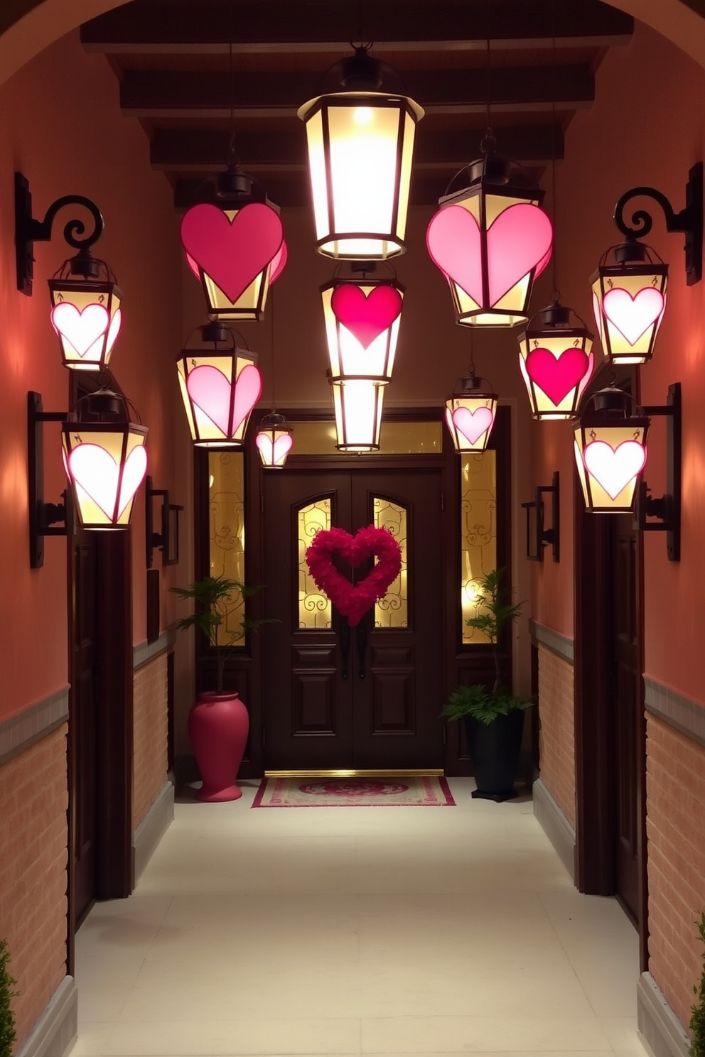 A charming entryway adorned with hanging lanterns featuring heart motifs. The soft glow from the lanterns creates a warm and inviting atmosphere, perfect for welcoming guests on Valentine's Day.