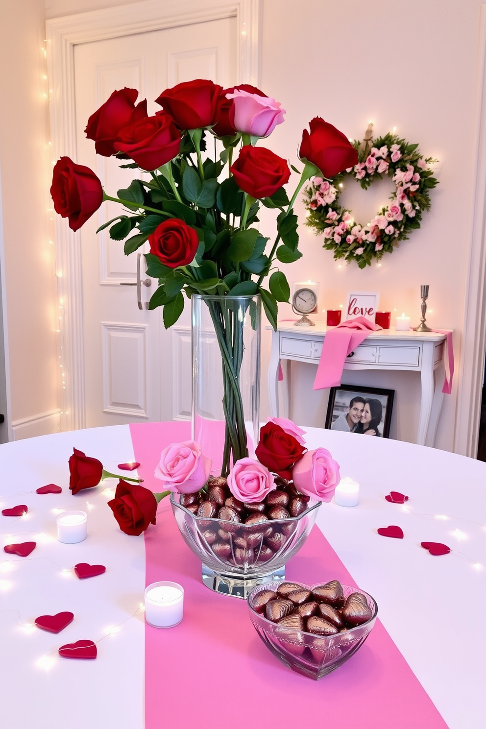 A romantic table centerpiece for Valentine's Day featuring a lush arrangement of red and pink roses in a glass vase. Surrounding the vase are scattered heart-shaped candles and delicate white fairy lights, creating a warm and inviting glow. An elegant entryway decorated for Valentine's Day with a heart-shaped wreath on the door. A small console table is adorned with a pink runner, a decorative bowl filled with chocolate hearts, and a framed photo of a couple in love.