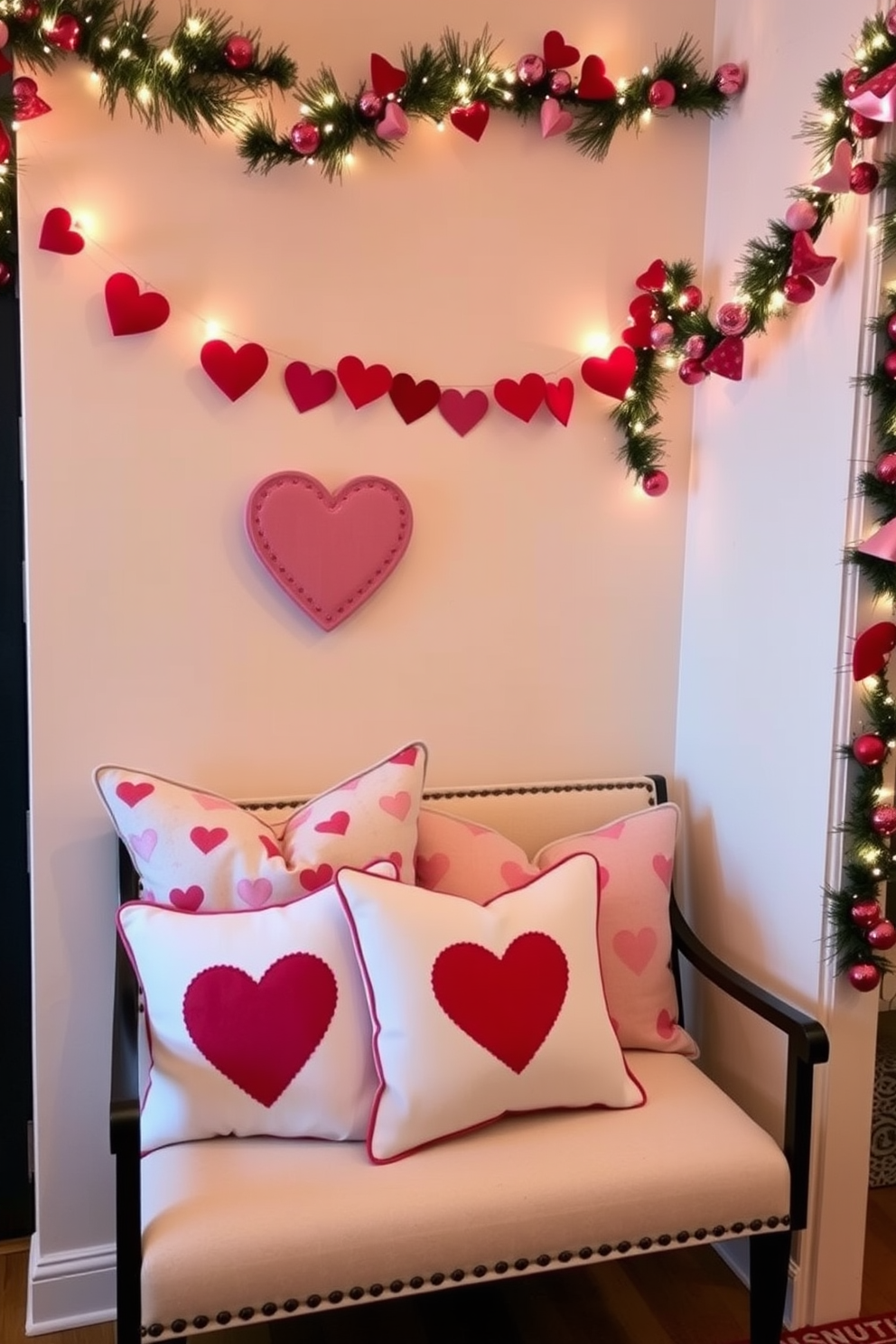 Soft pillows with heart patterns are arranged on a stylish bench in the entryway. The walls are adorned with festive Valentine’s Day decorations, including heart-shaped garlands and warm lighting to create an inviting atmosphere.