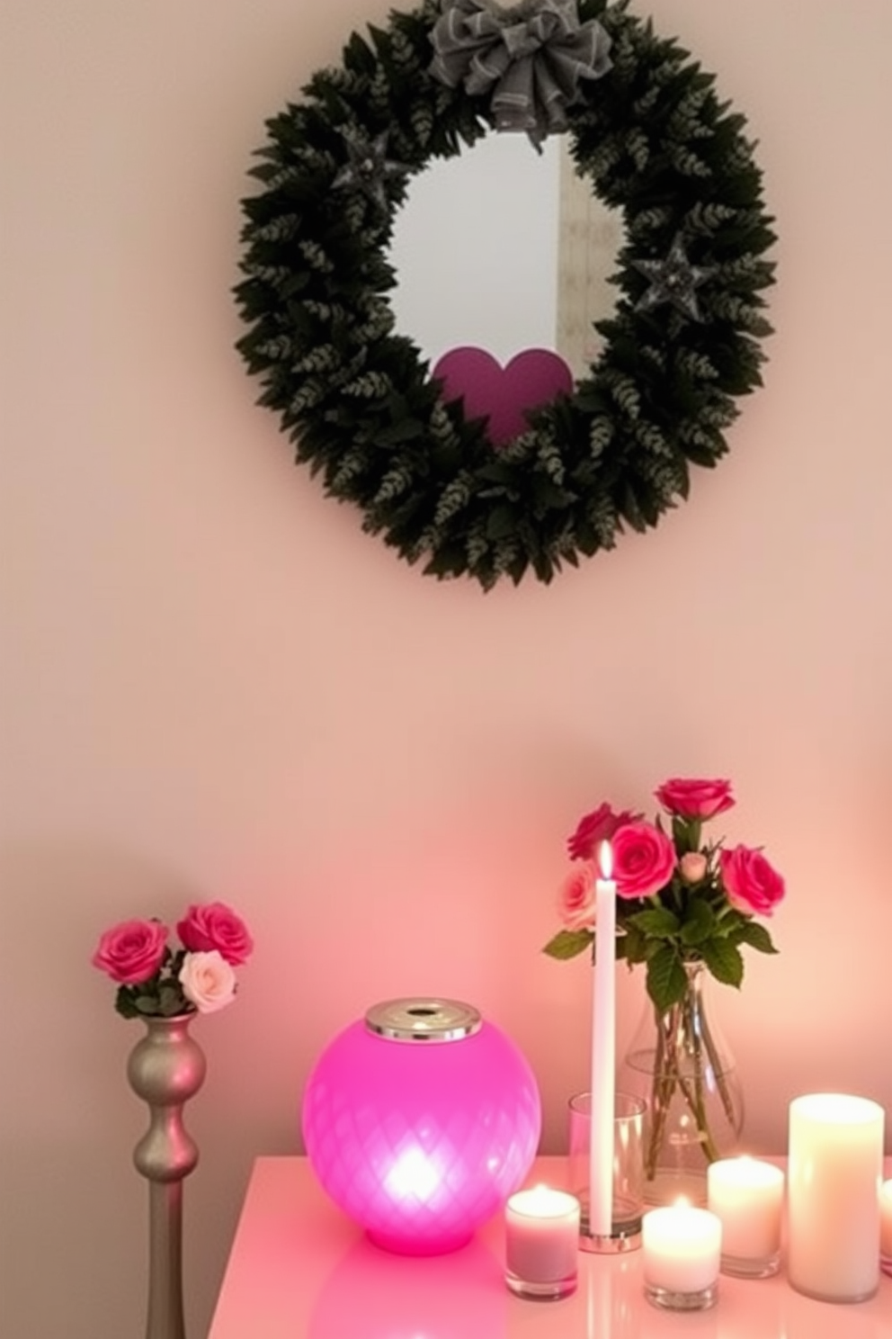 Create a charming entryway for Valentine's Day featuring heart-shaped diffusers that emit seasonal scents. The space should include a welcoming console table adorned with fresh flowers and romantic candles, complemented by soft lighting that creates an inviting atmosphere.