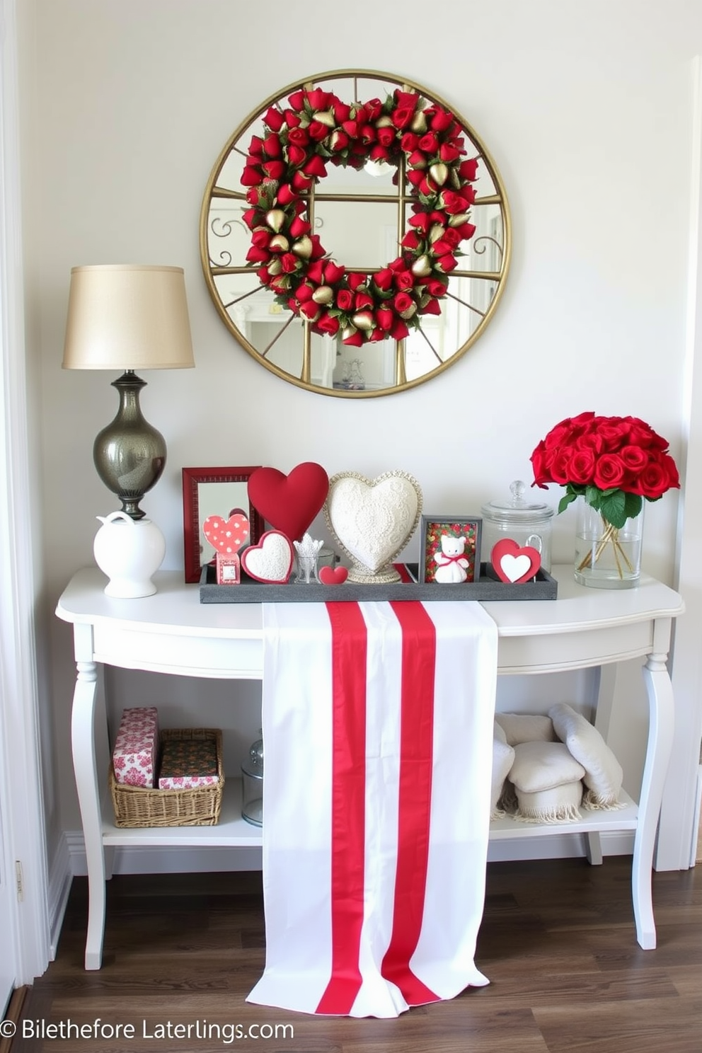 A charming entryway adorned for Valentine's Day features a red and white striped table runner elegantly draped across a console table. On the table, a collection of heart-shaped decor items and a bouquet of red roses add a festive touch to the inviting space.