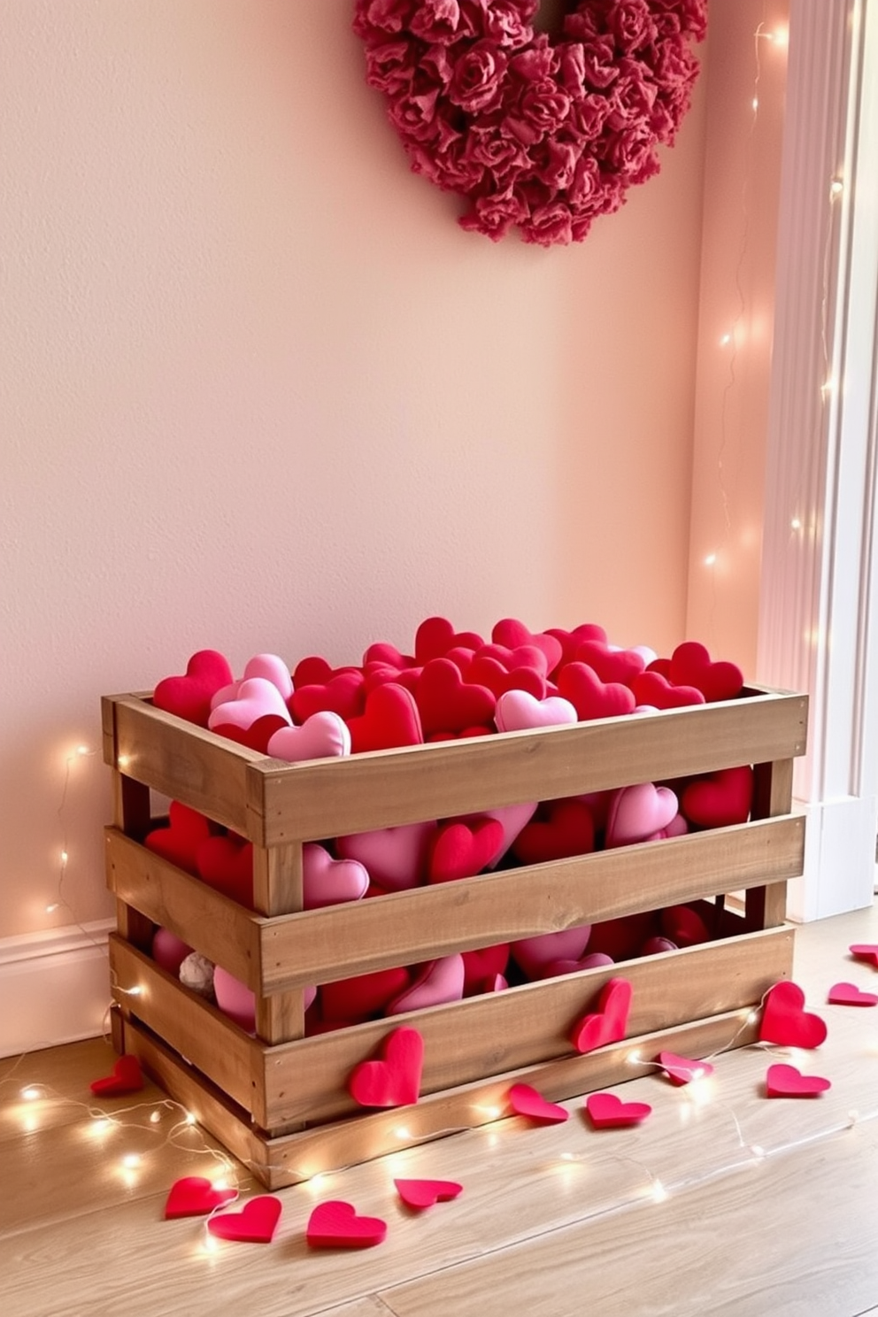 A rustic wooden crate filled with red and pink hearts sits in the entryway, creating a warm and inviting atmosphere. Surrounding the crate are soft fairy lights that twinkle gently, enhancing the romantic vibe of the Valentine's Day decor.