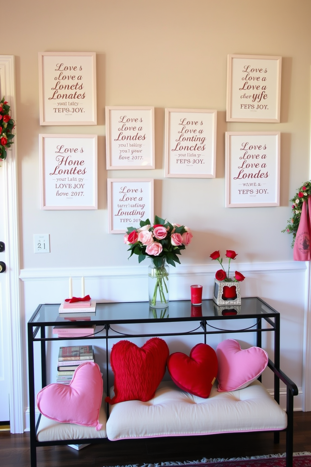 A charming entryway adorned for Valentine's Day. Framed love quotes in elegant typography hang on the wall, creating a warm and inviting atmosphere. A decorative console table is placed against the wall, topped with a bouquet of fresh roses in a glass vase. Soft pink and red accents are scattered throughout, including heart-shaped cushions on a nearby bench.