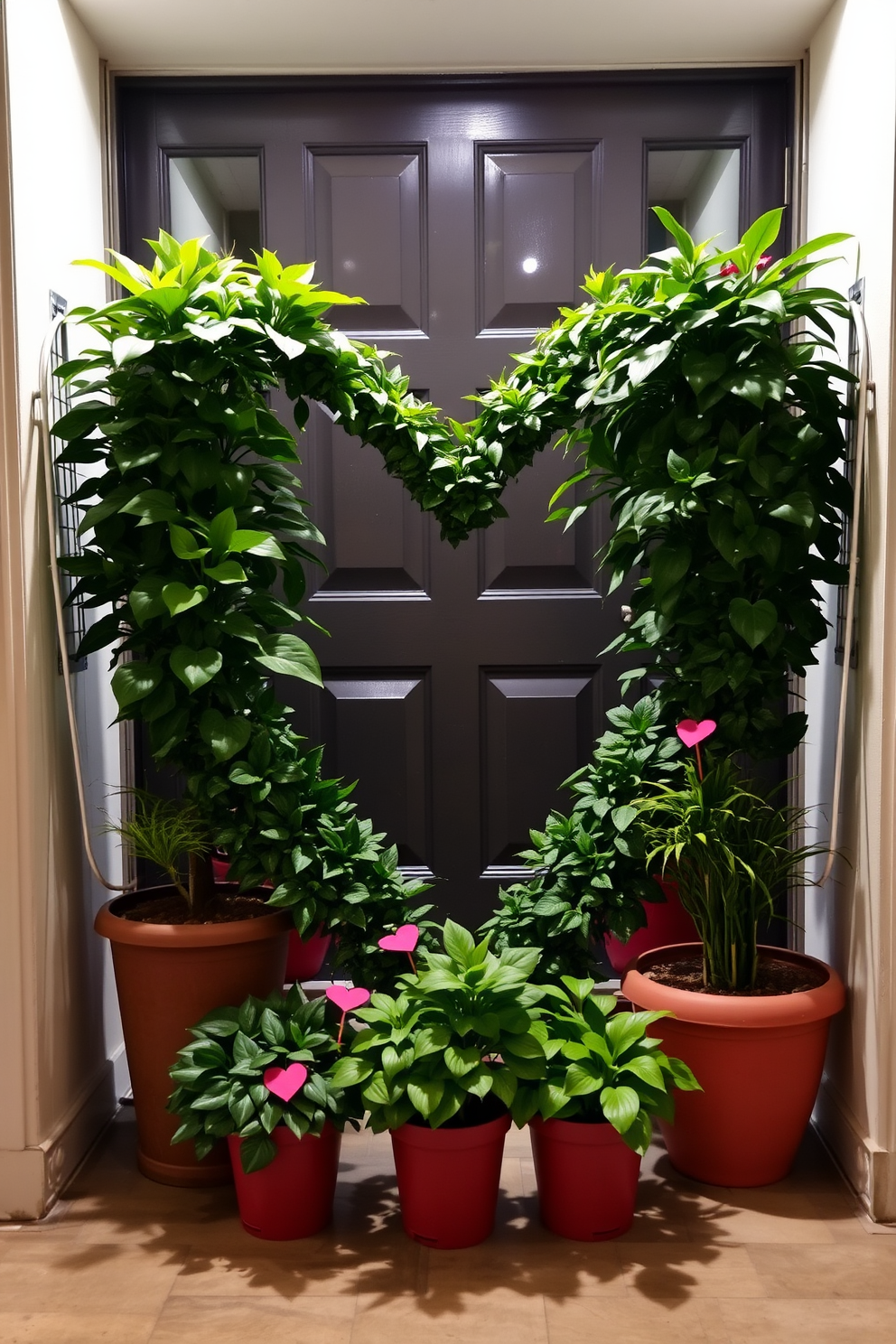 Potted plants are beautifully arranged in a heart shape, creating a warm and inviting atmosphere. The entryway features soft lighting that enhances the lush greenery and adds a romantic touch for Valentine's Day.