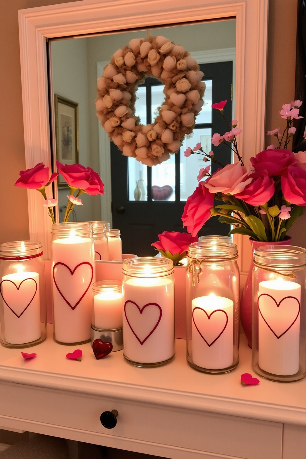 A charming entryway adorned for Valentine's Day features candles in glass jars, each decorated with heart motifs. The warm glow of the candles creates an inviting atmosphere, complemented by soft, romantic accents like fresh flowers and heart-shaped decor.