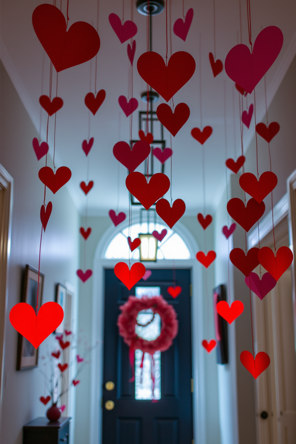 A charming entryway adorned for Valentine's Day. Delicate paper hearts in various shades of red and pink are suspended from the ceiling, creating a whimsical and festive atmosphere.