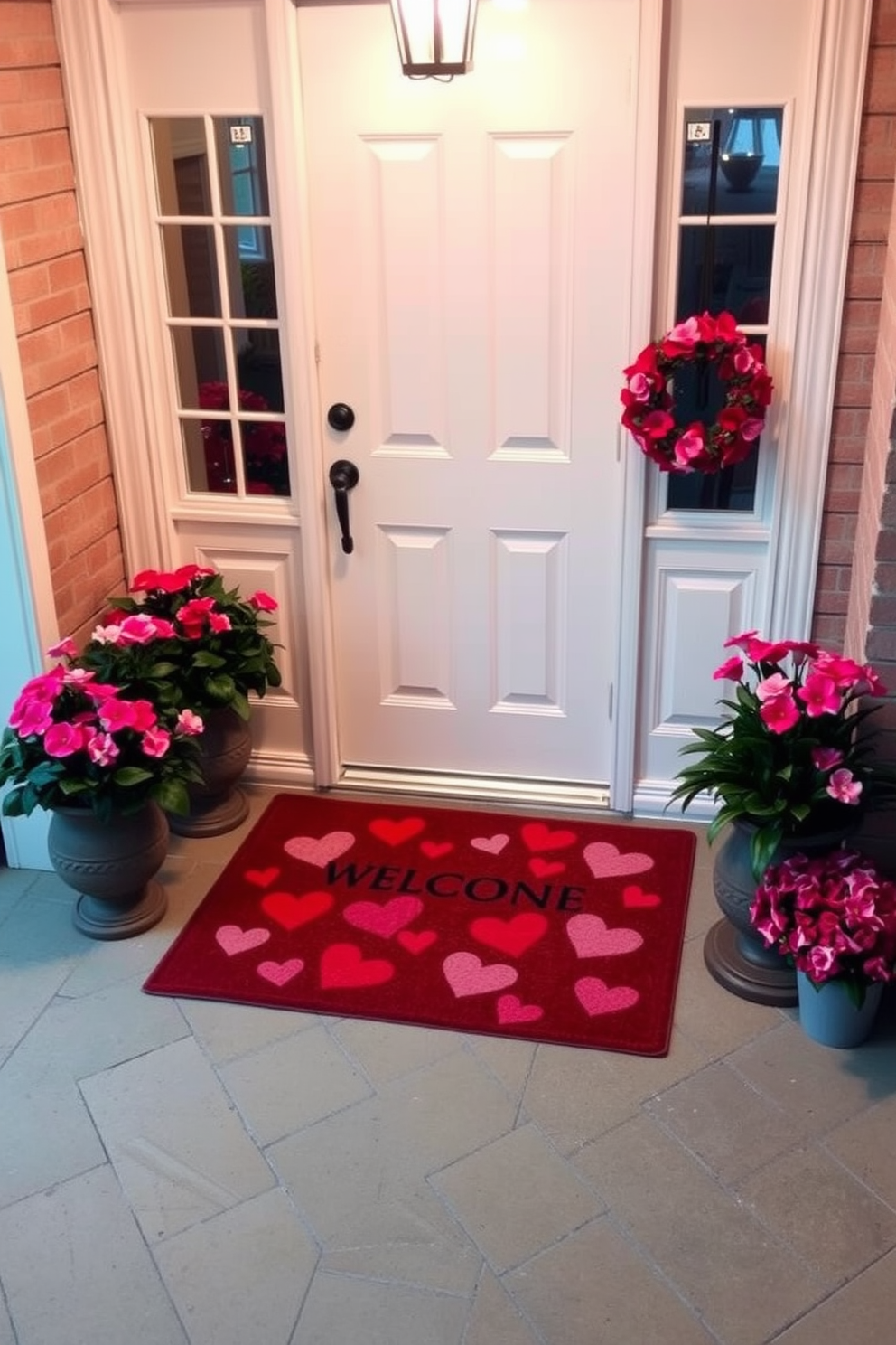 A charming entryway featuring a Valentine's themed welcome mat. The mat is adorned with heart patterns in shades of red and pink, welcoming guests with a festive touch. Flanking the mat are potted plants with vibrant flowers that complement the theme. Soft lighting illuminates the space, creating a warm and inviting atmosphere perfect for Valentine's Day.