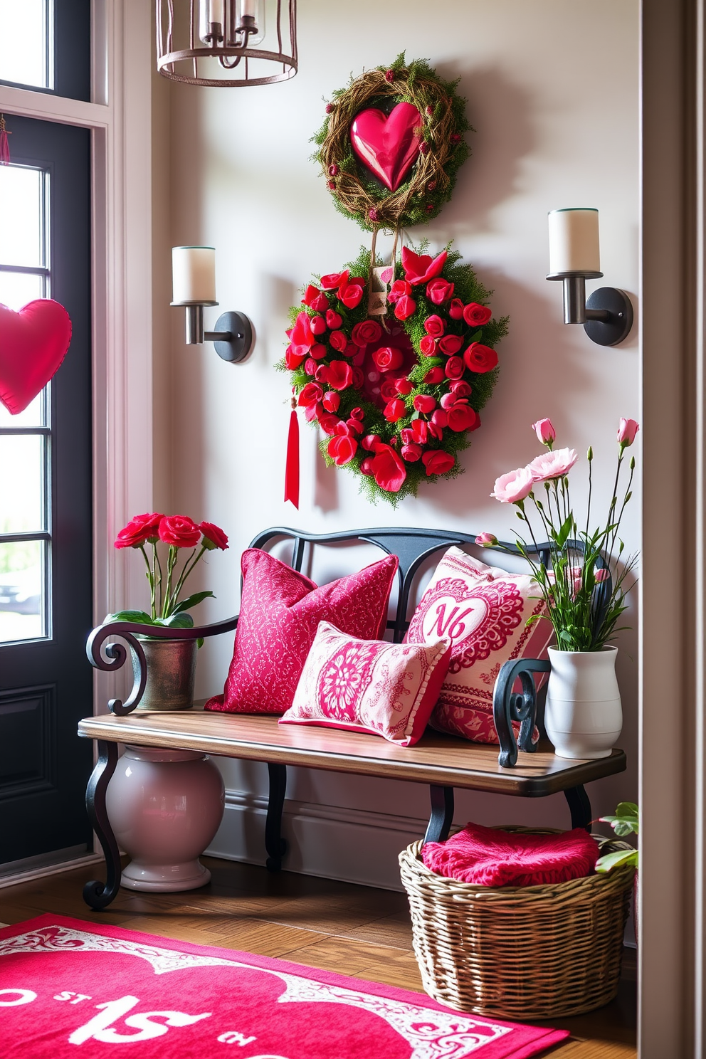 A cozy entryway adorned for Valentine's Day. A stylish bench is decorated with decorative red and pink pillows, creating a warm and inviting atmosphere.