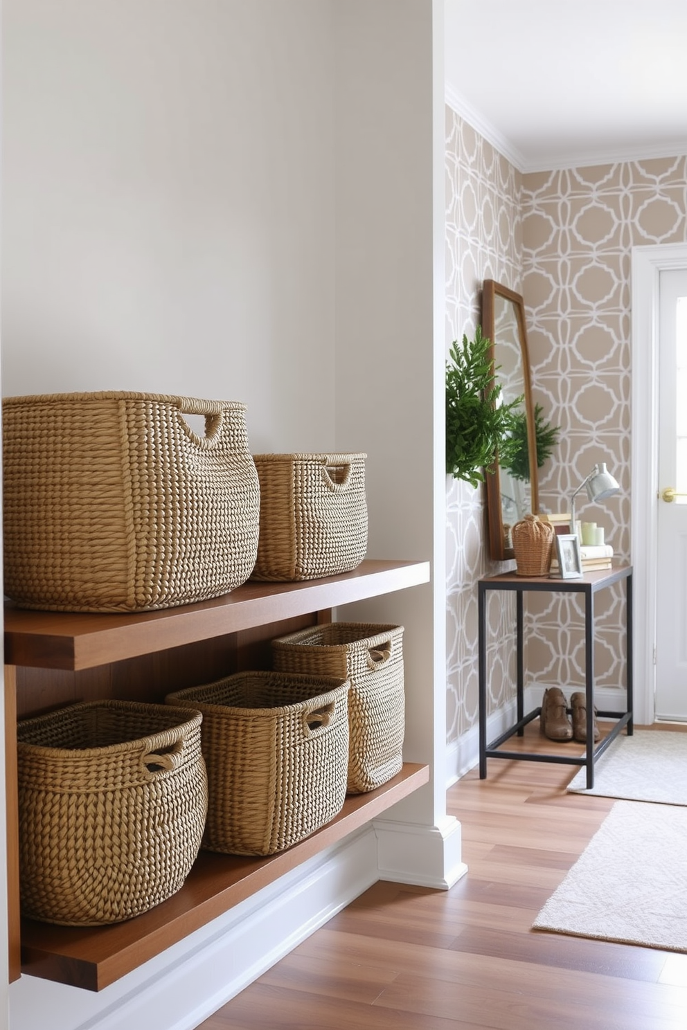 Woven baskets are arranged neatly on a wooden shelf in the entryway, providing both functionality and aesthetic appeal. The baskets are made from natural fibers, adding texture and warmth to the space while keeping clutter organized. The entryway features a statement wall adorned with a bold geometric pattern in soft colors. A slim console table sits against the wall, topped with decorative items and a mirror that enhances the sense of space.