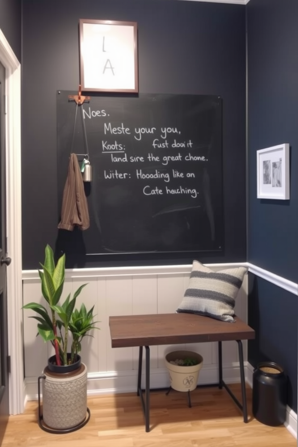 A chalkboard wall serves as a functional and creative space for messages and notes. The wall is painted in a deep charcoal color, providing a striking contrast to the light wood flooring and surrounding decor. Incorporating stylish hooks and a small shelf beneath the chalkboard allows for easy organization of keys and small items. The area is accented with potted plants and a modern bench, creating an inviting entryway atmosphere.