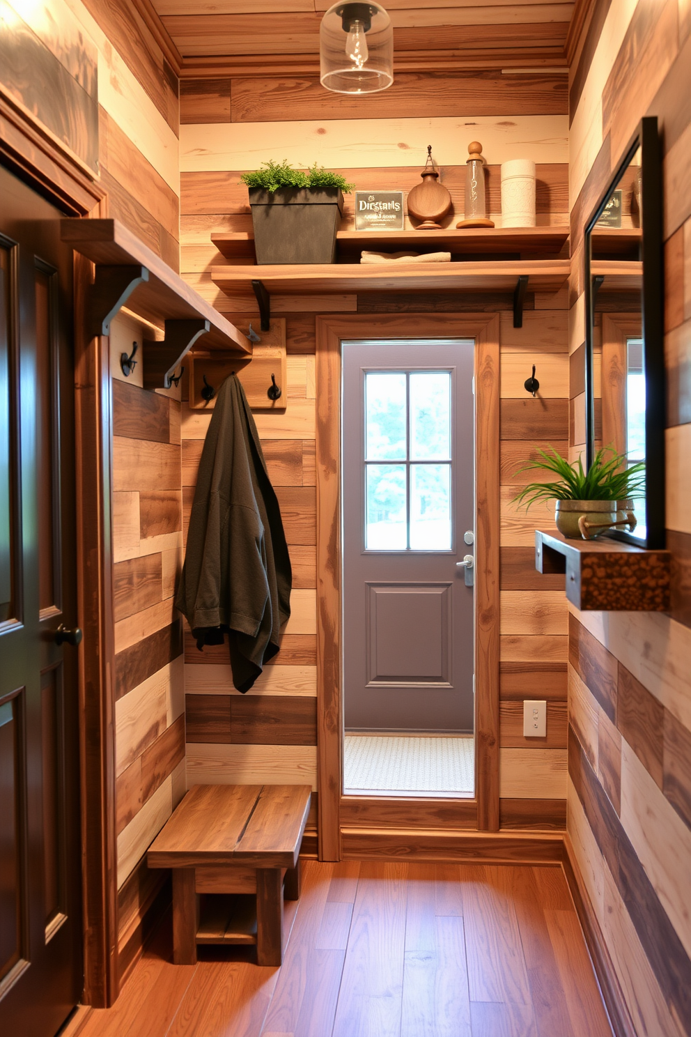 A cozy entryway featuring rustic wood planks that add warmth and character to the space. The walls are adorned with a mix of hooks and shelves made from reclaimed wood, creating a functional yet inviting atmosphere.