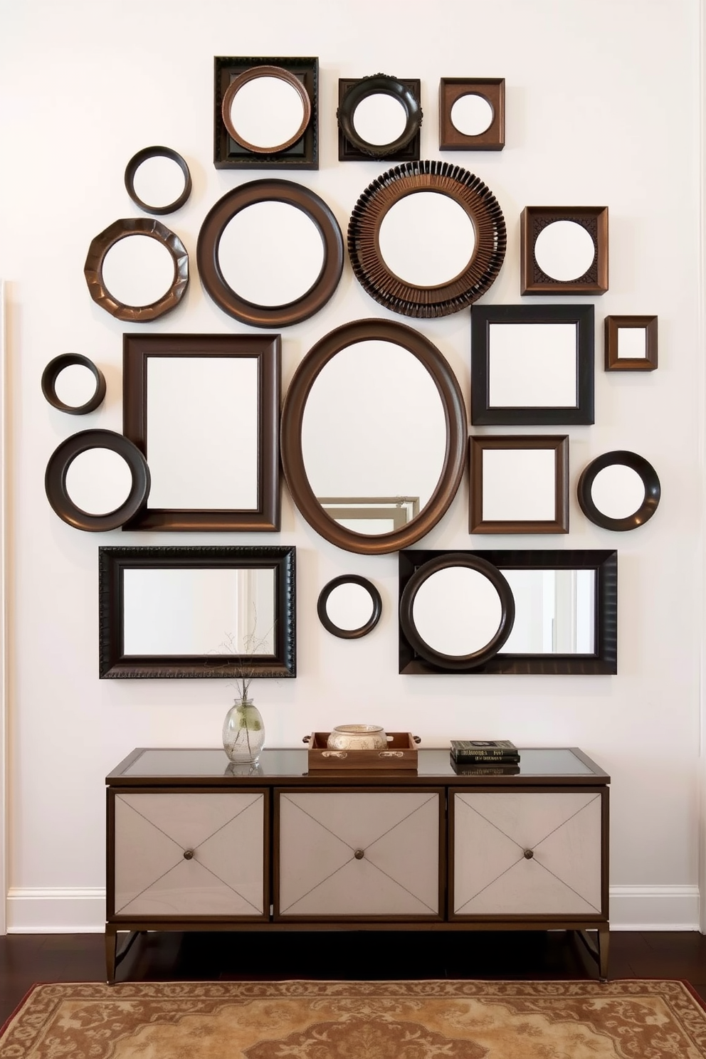 Framed mirrors in varied sizes adorn the entryway wall, creating a stunning focal point that reflects light and space. The arrangement includes round, square, and rectangular mirrors, each with unique frames that add character and depth to the design. The wall features a soft, neutral color palette that complements the mirrors, enhancing the overall ambiance of the entryway. A console table beneath the mirrors displays decorative items, while a stylish rug anchors the space, inviting guests into the home.