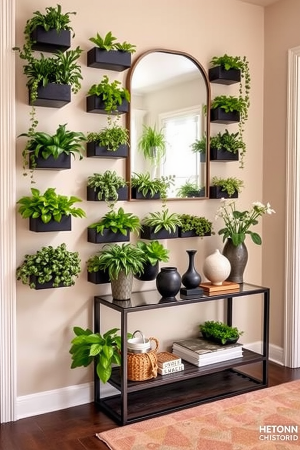 A vertical garden with wall planters creates a lush and inviting entryway. The planters are filled with a variety of green plants, adding texture and life to the space. The walls are painted in a soft neutral tone to complement the greenery. A stylish console table sits against the wall, adorned with decorative items and a mirror above it to enhance the sense of space.