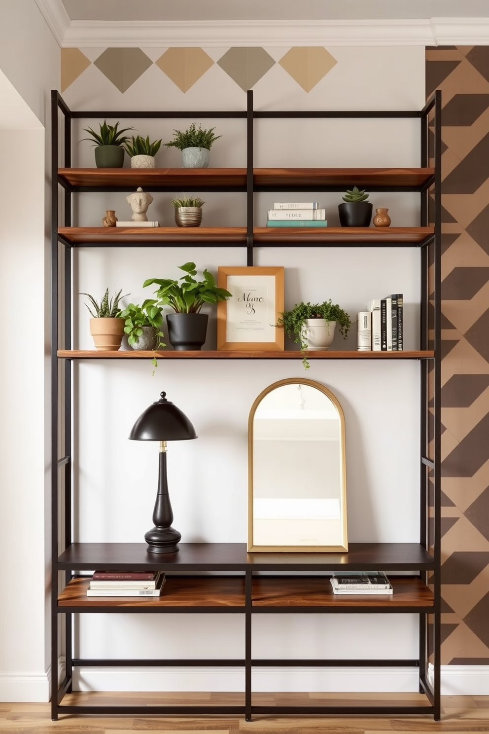 Create an entryway featuring industrial shelving that combines metal and wood for a modern aesthetic. The shelves are filled with potted plants and decorative books, adding warmth and character to the space. Incorporate a bold accent wall with geometric patterns in muted tones to complement the industrial elements. A sleek console table sits beneath the shelves, adorned with a stylish lamp and a statement mirror.