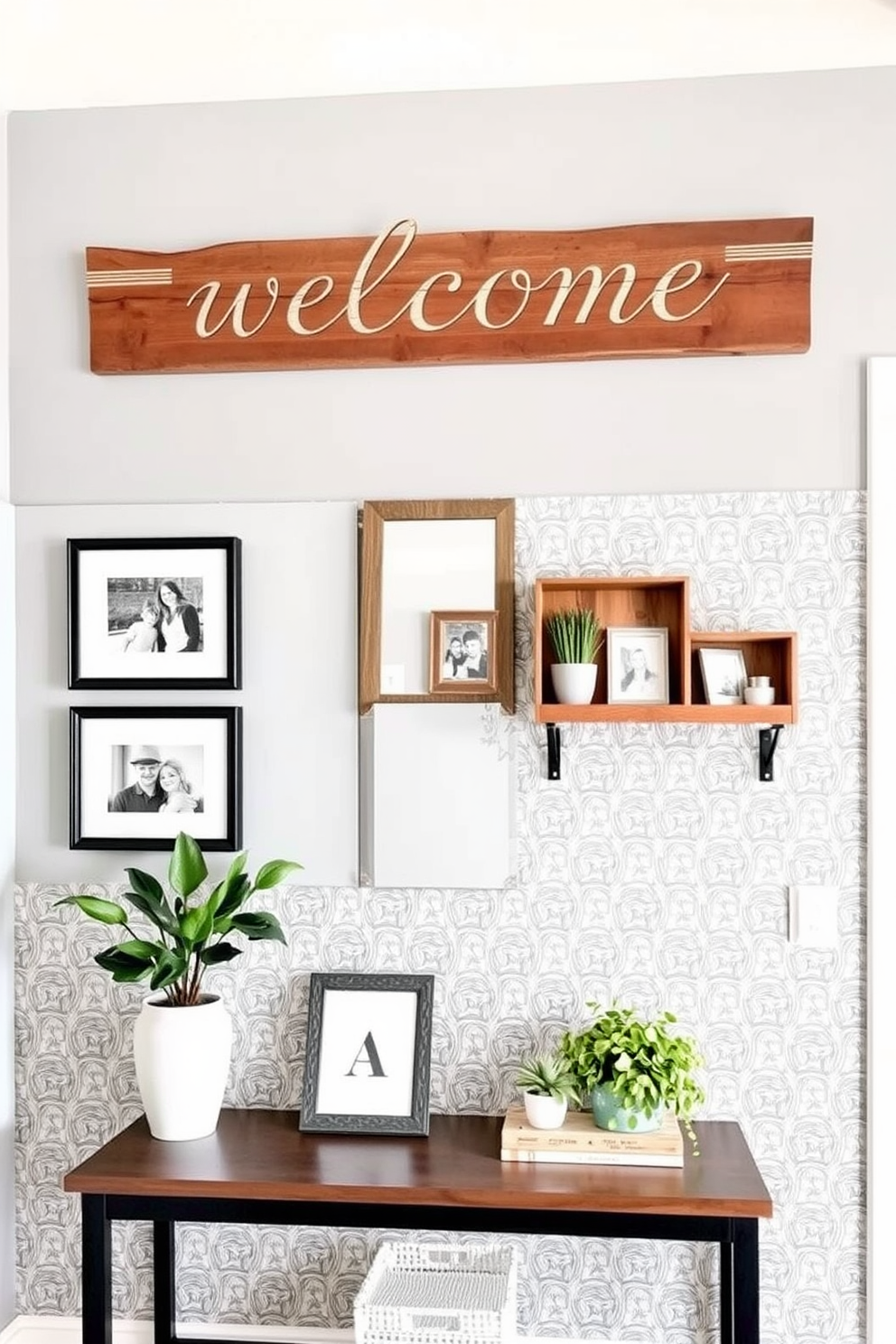 A personalized welcome sign hangs above the entryway, crafted from reclaimed wood with elegant lettering. The walls are adorned with a soft gray paint, complemented by framed family photos and a stylish console table below. For the entryway wall design, consider a combination of textured wallpaper and decorative wall shelves. The shelves display curated decor items and plants, adding warmth and personality to the space.