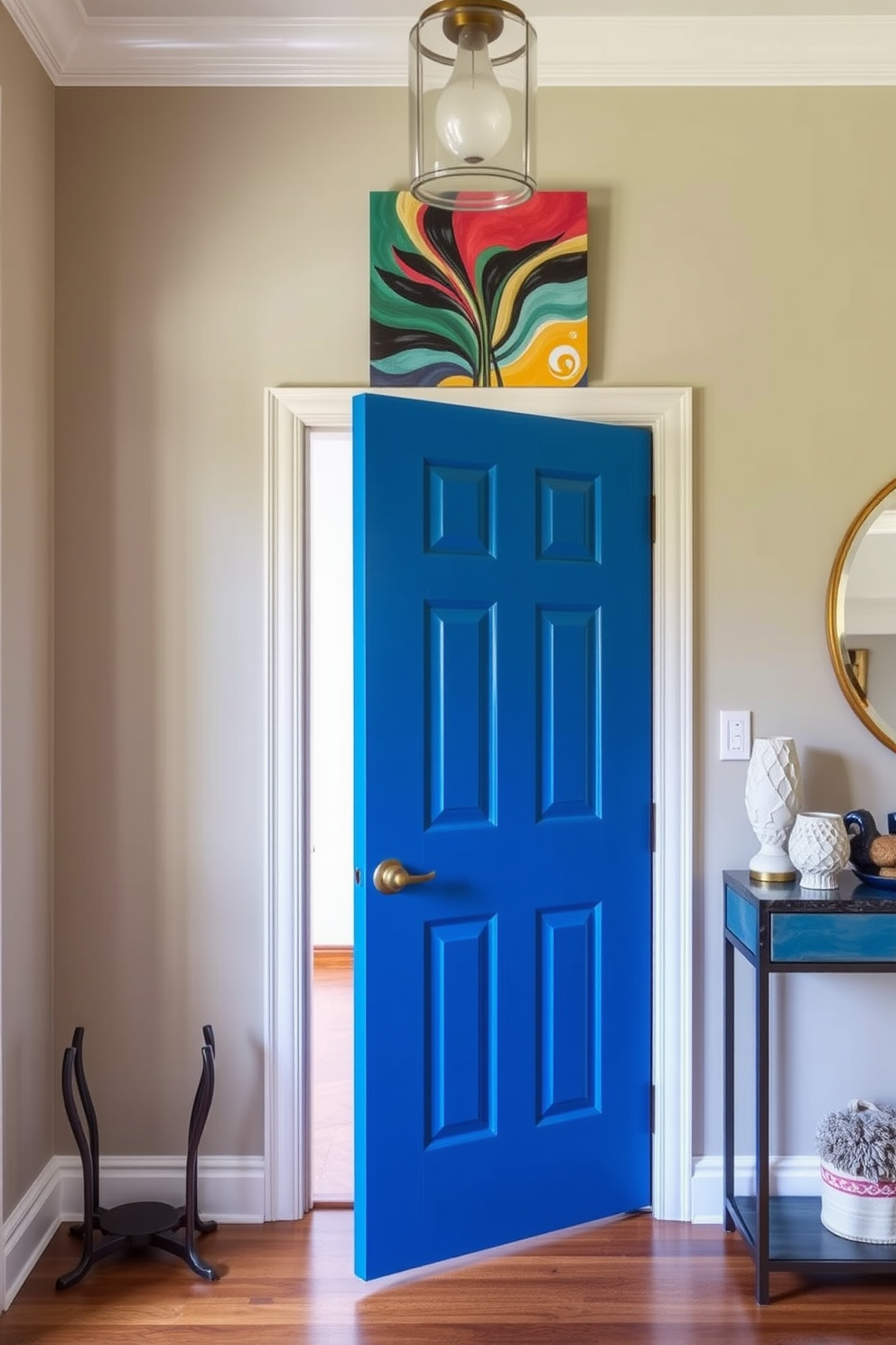 A bold colored door serves as the focal point of the entryway, drawing attention with its vibrant hue. Above the door, a striking piece of art adds character and sets the tone for the rest of the home. The walls are painted in a complementary neutral tone, creating a harmonious backdrop for the door and artwork. A stylish console table with decorative items is placed nearby, enhancing the overall aesthetic of the space.