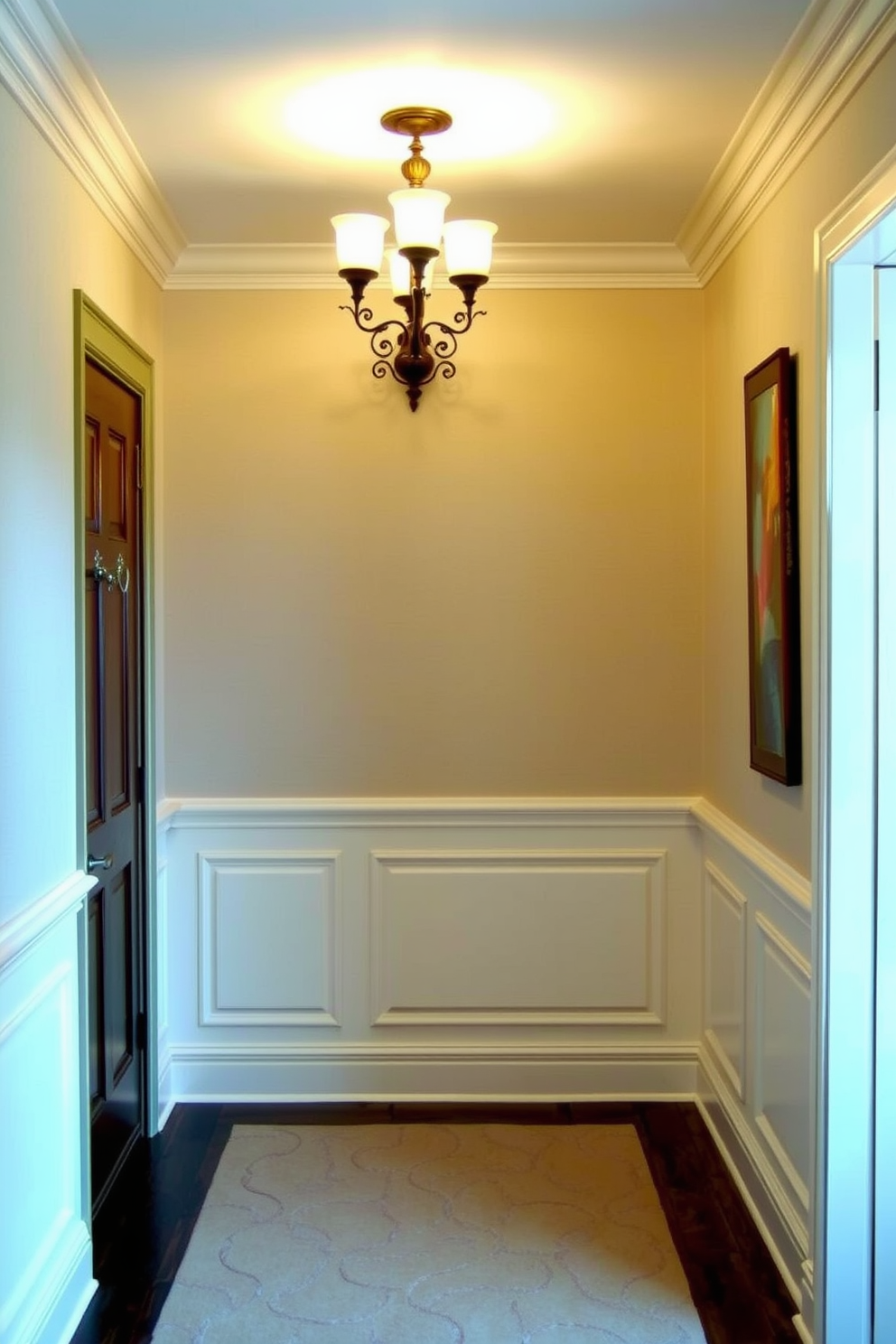 A stunning entryway features elegant sconce lighting that casts a warm glow across the space. The walls are adorned with textured panels and a soft color palette, creating an inviting atmosphere. For the wall design, consider incorporating a mix of wainscoting and decorative moldings. This combination adds depth and sophistication, making the entryway both functional and stylish.