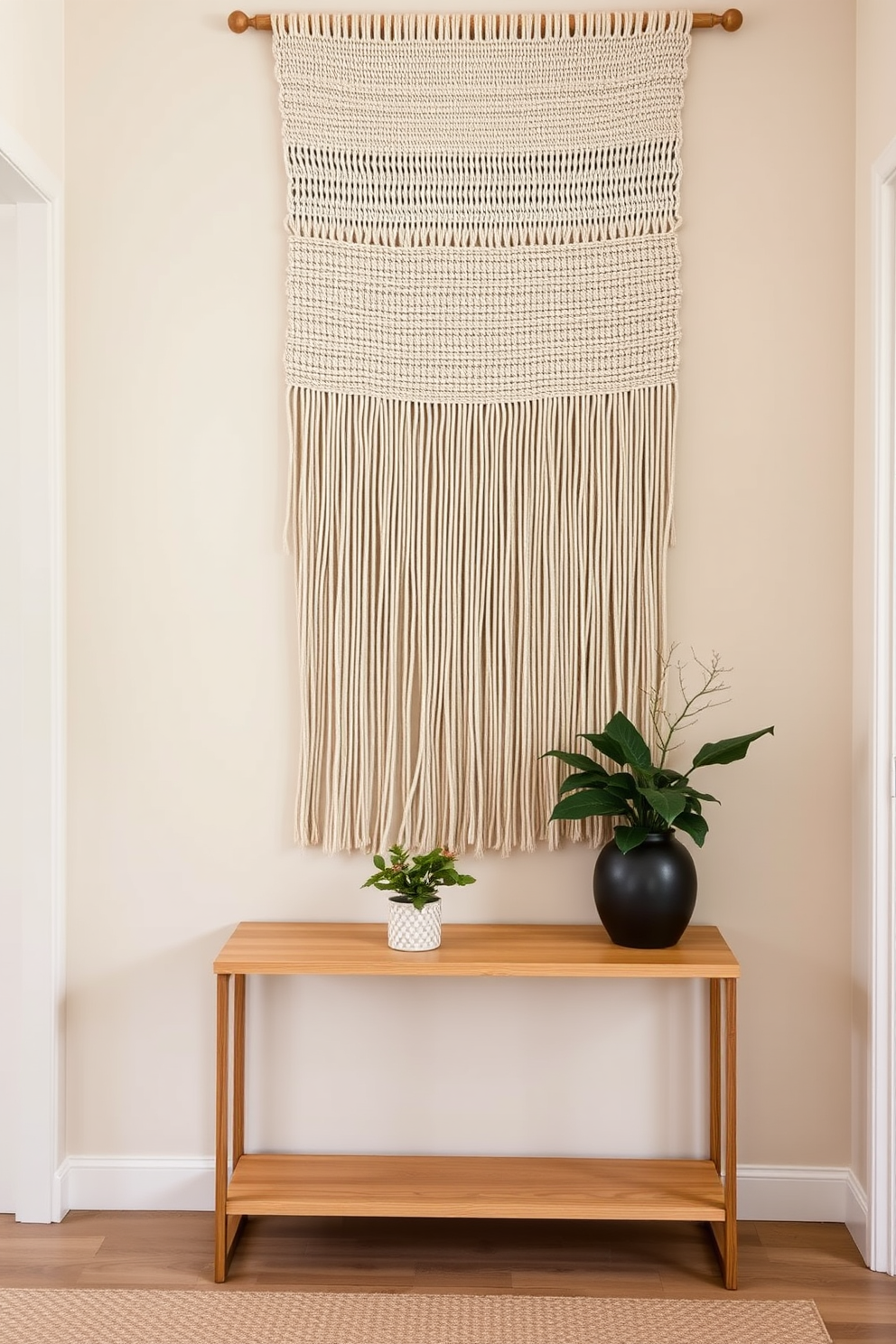 A cozy entryway featuring a large textile wall hanging that adds softness and warmth to the space. The wall is painted in a soft beige tone, complementing the natural textures of the woven fabric. Beneath the wall hanging, a sleek console table in a light wood finish provides a functional surface. A small potted plant sits on the table, adding a touch of greenery to the inviting atmosphere.