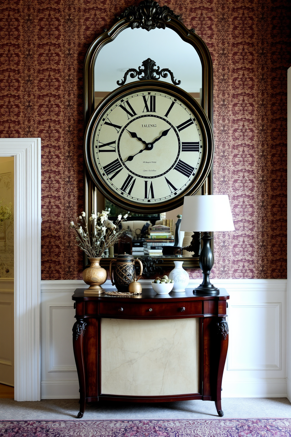 A vintage clock serves as a captivating statement piece in the entryway, drawing attention with its intricate details and classic charm. Surrounding the clock, the wall features a rich, textured wallpaper that complements the clock's color palette, creating a warm and inviting atmosphere. The entryway is adorned with a stylish console table beneath the clock, topped with decorative items that enhance the vintage theme. A large mirror with an ornate frame hangs above the table, reflecting light and adding depth to the space.