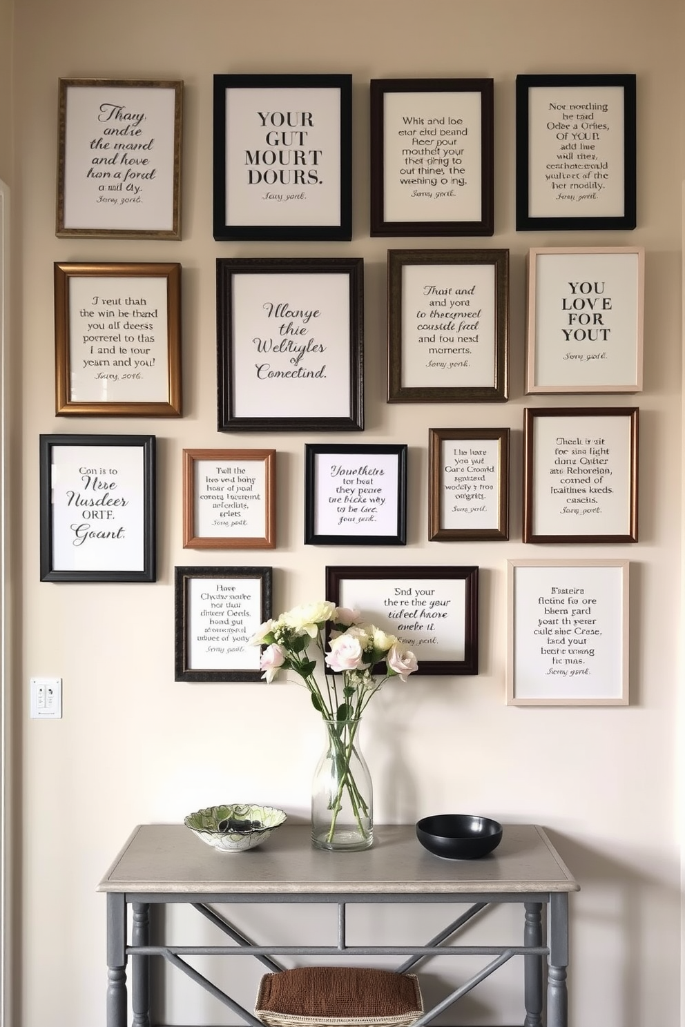 A welcoming entryway adorned with framed quotes that inspire positivity and creativity. The wall features a gallery of various sizes and styles of frames, each containing a unique quote in elegant typography. The color palette includes soft pastels that complement the overall decor of the space. A small console table beneath the quotes displays decorative items such as a vase with fresh flowers and a stylish bowl for keys.