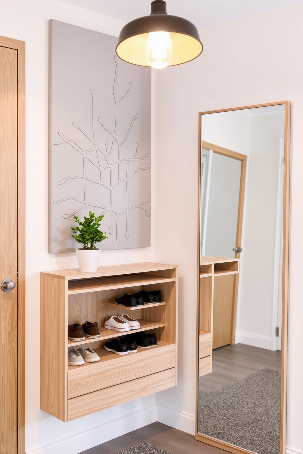 A modern entryway features a sleek wall-mounted shoe storage solution made of light wood with a minimalist design. Above the storage, a decorative wall panel in a soft gray tone adds texture, while a small potted plant brings a touch of greenery. The entryway is illuminated by a stylish pendant light that casts a warm glow over the space. A full-length mirror is mounted adjacent to the shoe storage, enhancing the sense of openness and functionality.