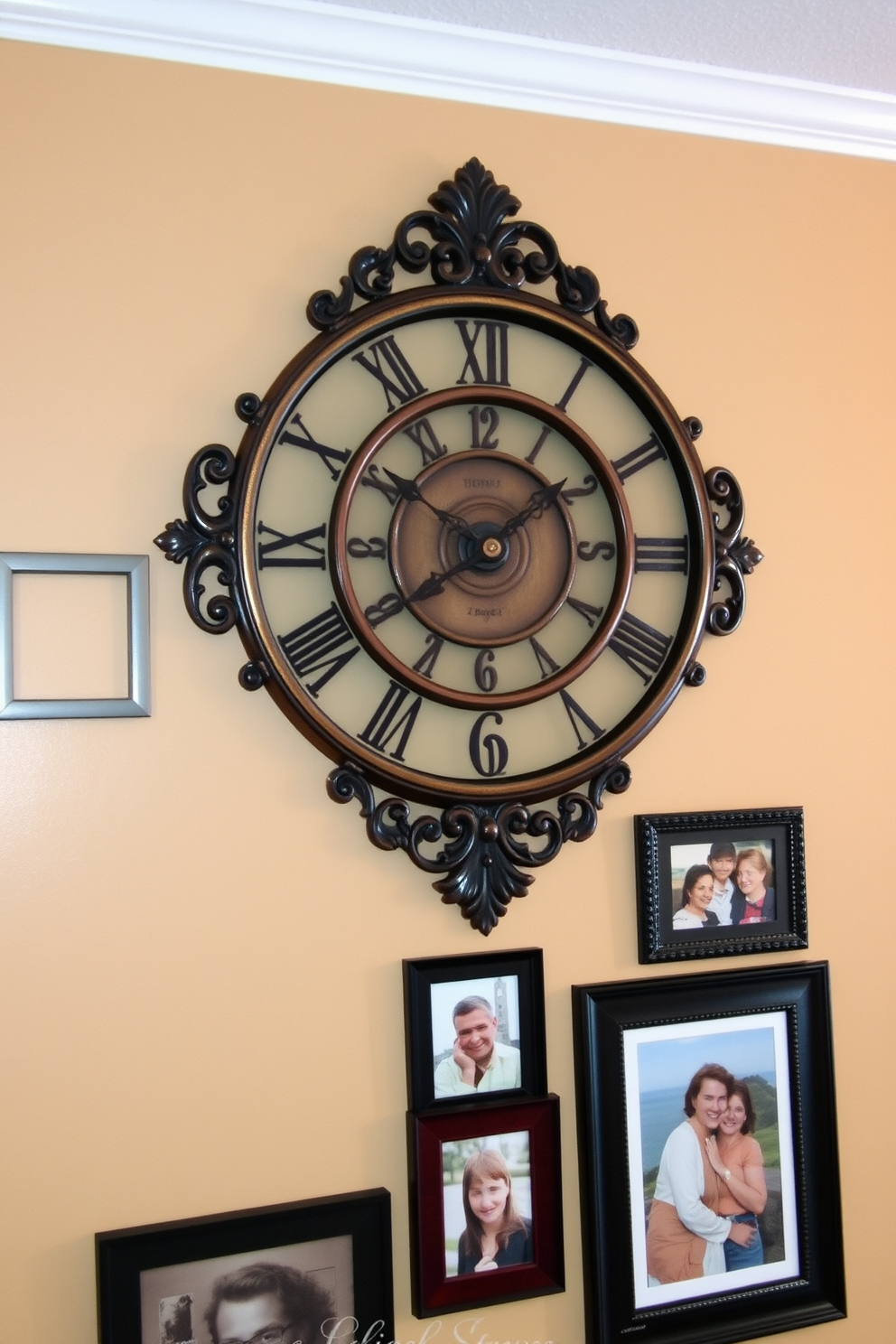 A decorative wall clock with character is the focal point of the entryway. It features an ornate design with intricate details and a vintage finish that adds charm to the space. The wall behind the clock is painted in a warm neutral tone, creating a welcoming atmosphere. Surrounding the clock are framed photographs and artwork that reflect personal style and memories.