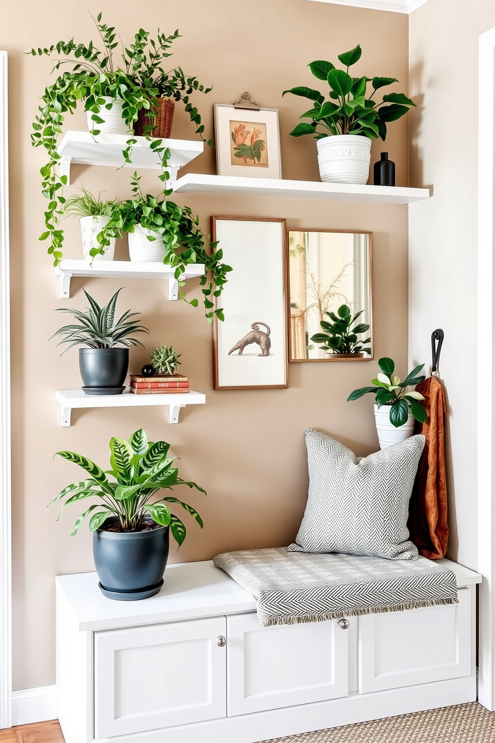 A stylish entryway features floating shelves adorned with various plants and decorative items. The shelves are painted in a soft white color, creating a bright and inviting atmosphere. The wall behind the shelves is painted in a warm taupe hue, enhancing the natural beauty of the greenery. A small bench with a textured cushion sits below the shelves, providing a functional yet chic seating area.