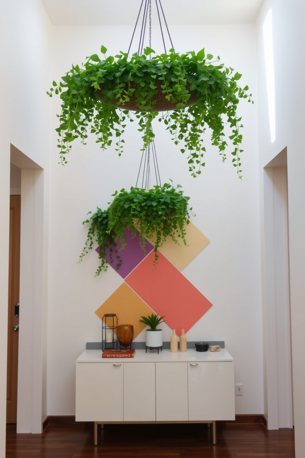 A bright and inviting entryway adorned with lush hanging plants that cascade gracefully from the ceiling. The walls are painted in a soft pastel hue, creating a warm and welcoming atmosphere. A stylish wall design featuring geometric patterns in complementary colors that enhance the space. A sleek console table sits below, adorned with decorative items and a small potted plant for added charm.