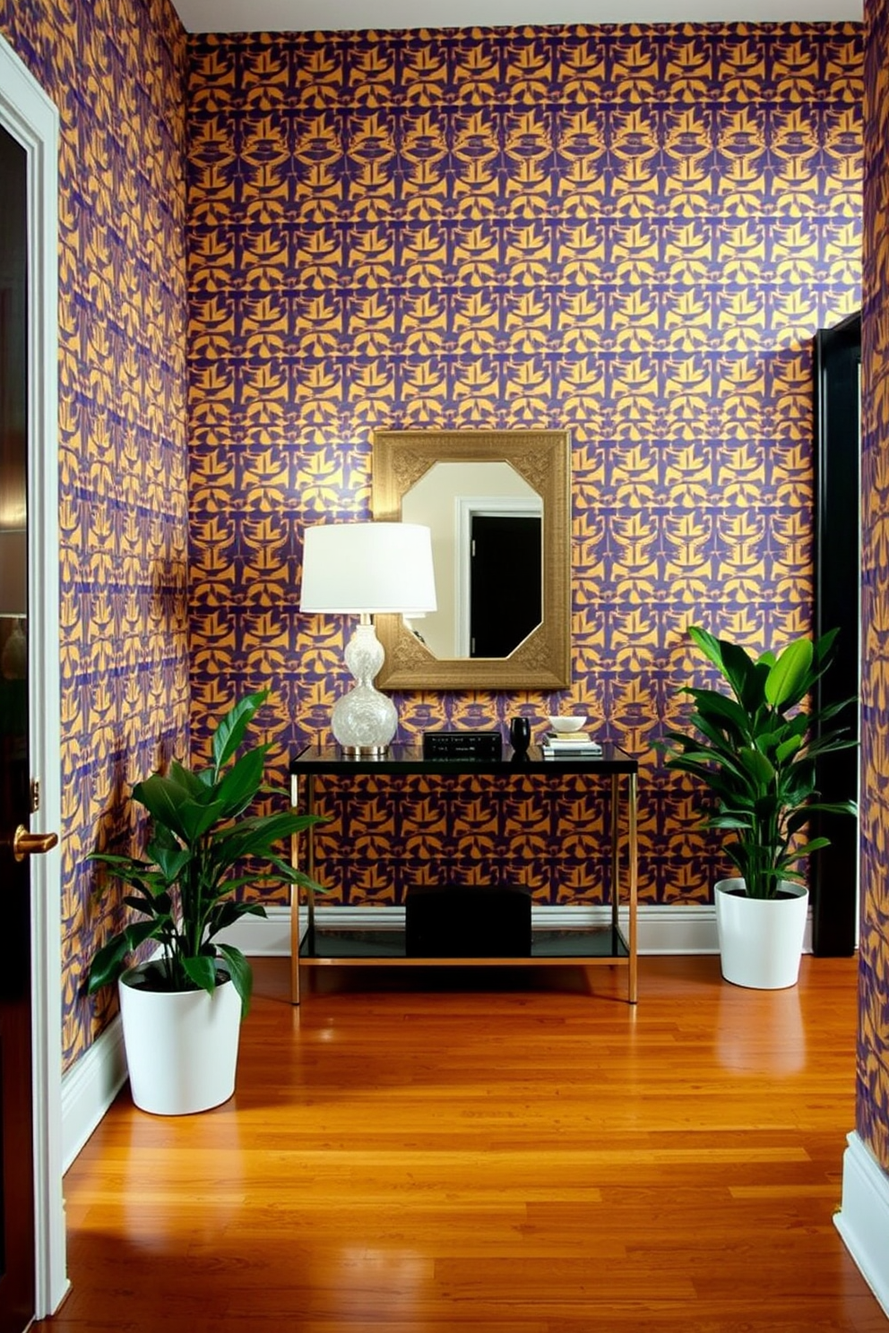 A striking entryway features bold wallpaper with a vibrant geometric pattern that immediately captures attention. The walls are accented by a sleek console table, topped with a decorative mirror and a stylish lamp that enhances the dramatic flair. The flooring is a rich hardwood that contrasts beautifully with the wallpaper, creating a warm and inviting atmosphere. Potted plants flanking the entryway add a touch of greenery, completing the sophisticated look.