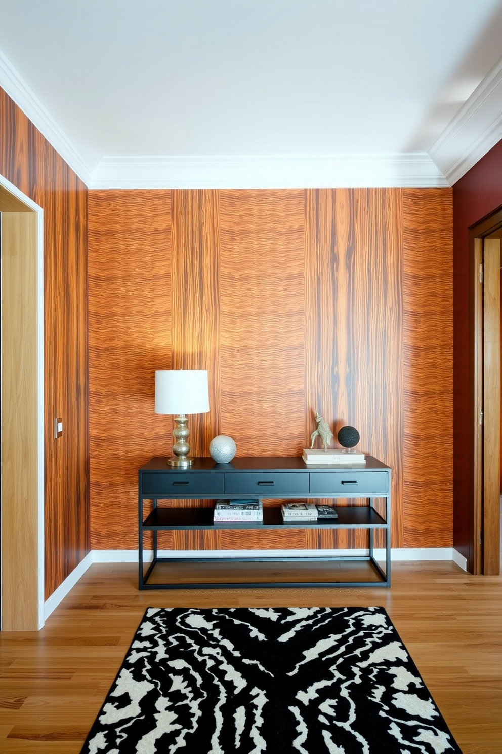 Textured wall panels create a striking focal point in the entryway. The panels are finished in warm wood tones, adding richness and depth to the space. A sleek console table sits against the wall, adorned with decorative objects and a stylish lamp. The floor features a contrasting patterned rug that ties the design together.