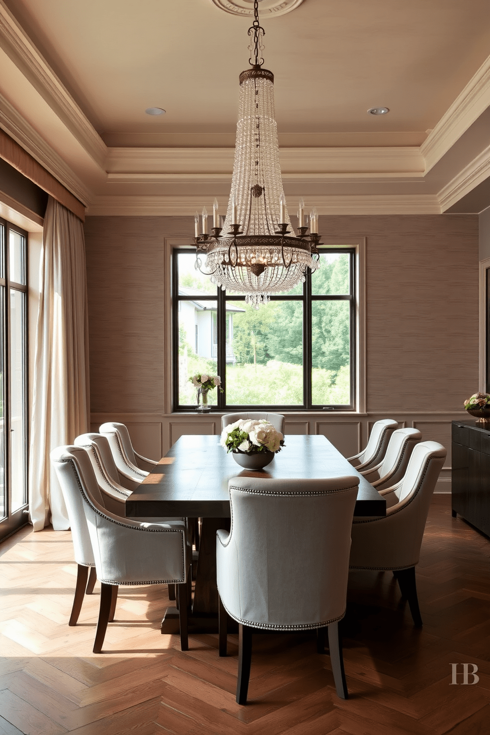 Elegant dining area with a statement chandelier. The room features a large wooden dining table surrounded by plush upholstered chairs in soft neutral tones. The walls are adorned with subtle textured wallpaper that adds depth to the space. A large window allows natural light to flood in, enhancing the warm ambiance of the room.