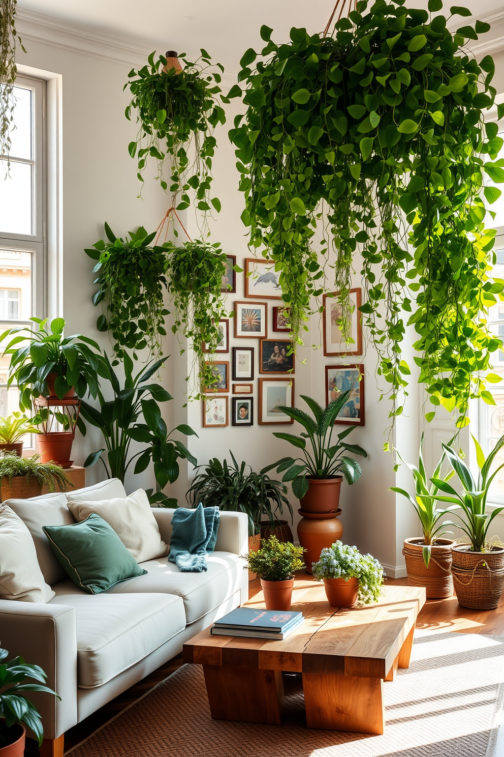 A bright and airy European apartment filled with lush greenery. Large windows allow natural light to flood the space, highlighting potted plants and hanging vines throughout the room. The living area features a comfortable sofa with soft cushions and a stylish coffee table made of reclaimed wood. A gallery wall adorned with art pieces complements the vibrant greenery, creating a harmonious and inviting atmosphere.