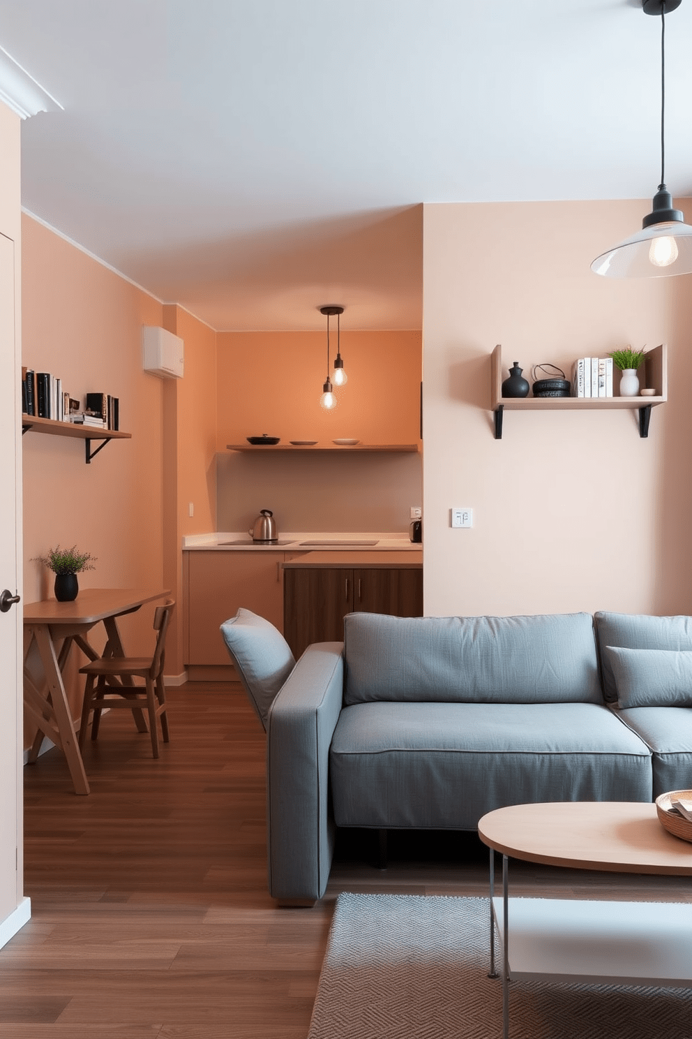 A cozy European apartment featuring compact furniture designed for small spaces. The living area includes a sleek sofa that doubles as a bed, paired with a minimalist coffee table and a wall-mounted shelf for books and decor. The kitchen showcases a foldable dining table that can accommodate four people when extended. Soft lighting from pendant fixtures enhances the warm color palette of the walls, creating an inviting atmosphere.