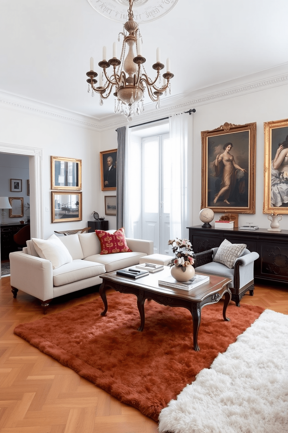 A stylish European apartment featuring a harmonious blend of modern and antique decor. The living room showcases a contemporary sofa paired with a vintage coffee table, while an ornate chandelier hangs from the ceiling. The walls are adorned with a mix of modern art and classic paintings in elegant frames. A plush area rug anchors the space, complementing the hardwood floors and adding warmth to the room.