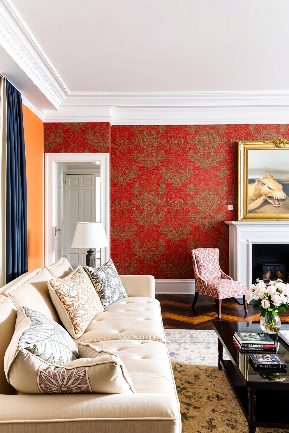 A stunning European apartment featuring an accent wall adorned with bold wallpaper in vibrant colors and intricate patterns. The space is complemented by elegant furnishings, including a plush sofa and stylish coffee table, creating a cozy yet sophisticated atmosphere.