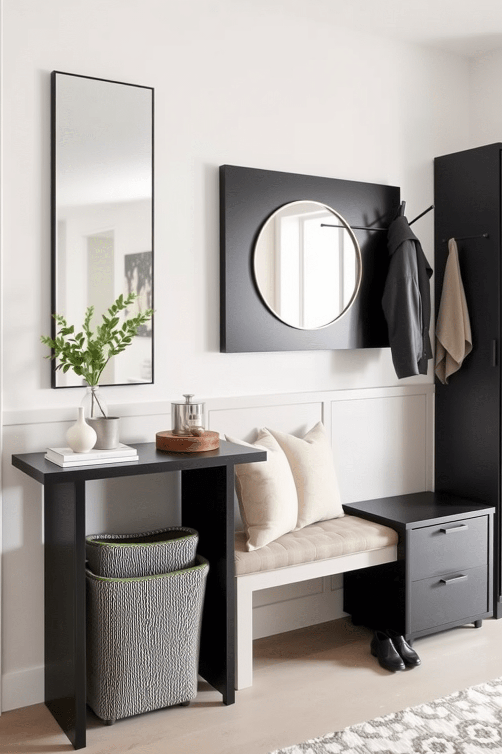 A functional entryway with stylish storage features a sleek console table against the wall, topped with decorative items and a small potted plant. To the side, a built-in bench with storage underneath provides a cozy spot to sit and put on shoes, while a large mirror above the console reflects light and creates a sense of space. The walls are painted in a soft neutral tone, enhancing the airy feel of the space. A contemporary coat rack and a stylish shoe cabinet complete the look, combining practicality with modern European design aesthetics.