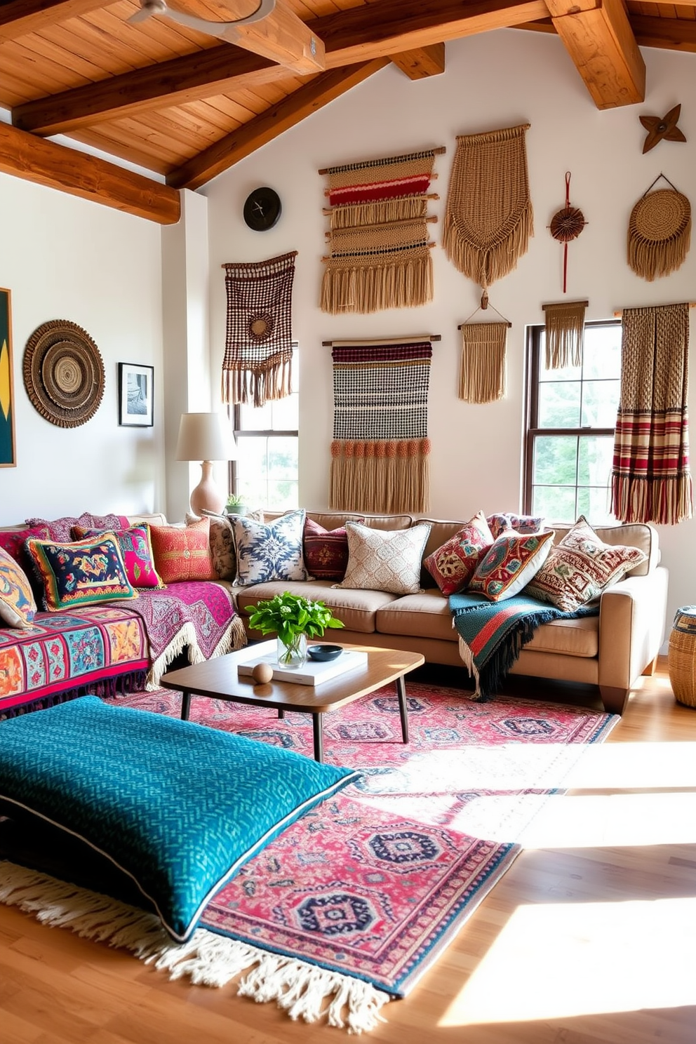 Chic bohemian textiles adorn the living space with a mix of vibrant colors and intricate patterns. A large, patterned area rug anchors the seating area, while throw pillows in various textures add warmth and personality to the sofa. The walls are adorned with eclectic artwork and woven wall hangings that reflect a global aesthetic. Natural light floods the room through large windows, highlighting the layered textiles and creating a cozy, inviting atmosphere.